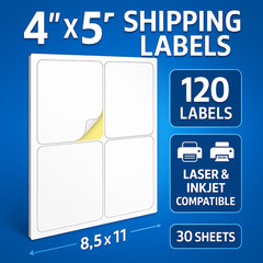 4×5 Shipping Labels 120 Pack White Stickers for Laser Inkjet Printer 30 Sheets