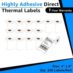 15 Rolls 250 Labels 4X6 Direct Thermal for Zebra LP 2824 2844 2442 Eltron ZP450
