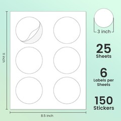 3” Diameters Round Printable 150 Labels Sticker Labels for Laser/Inkjet Prin…