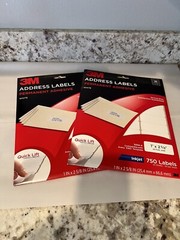 2/PK 3M 3200A Permanent Adhesive White Inkjet Address Labels 1” x 2 5/8” NEW
