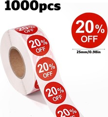 1000pcs 20% Discount Stickers, 1 Inch Round Self Adhesive 20 Percent Off Stic…