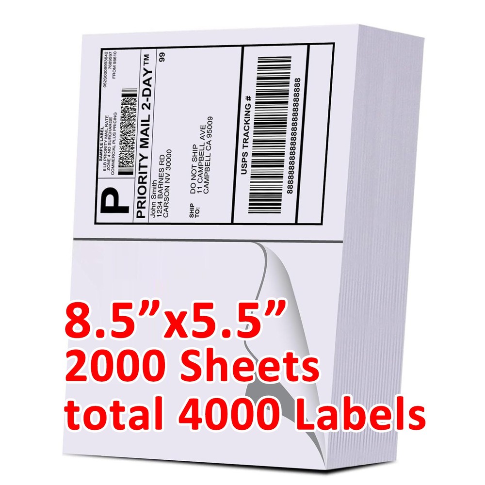4000 Premium 8.5×5.5 Half Sheet Shipping Mailing Label Self Adhesive 2 Per Sheet