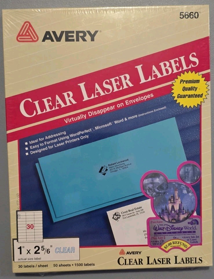 Avery 5660 Clear Laser Mailing Address Labels 1 x 2 5/6 1500 Labels Sealed USA