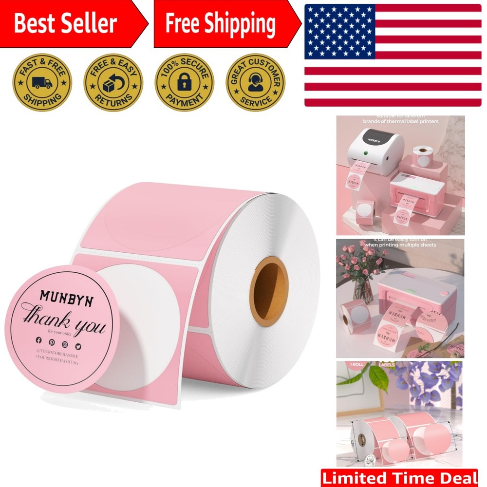 2 Inch Pink Circle Labels – 750 Self-Adhesive Thermal Stickers, Clear Printing