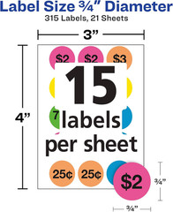 Garage Sale Removable Labels, 3/4 Inch round Labels, Assorted Colors