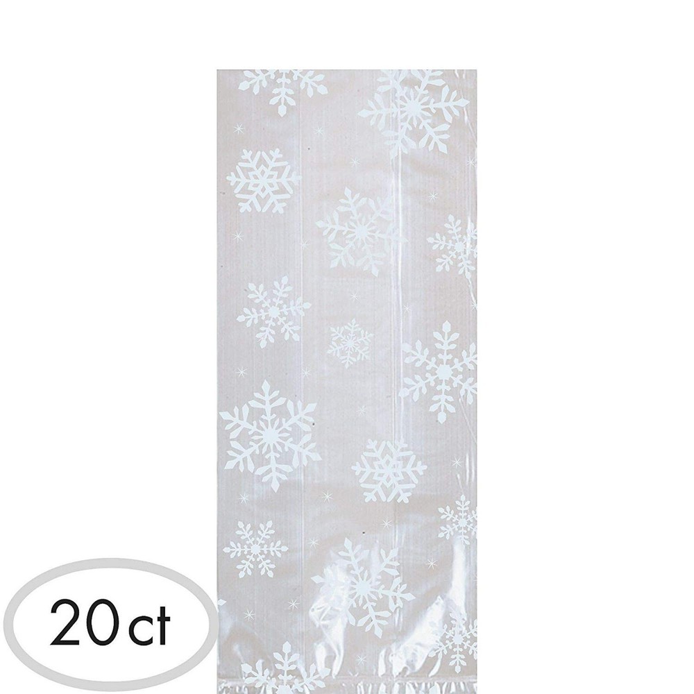 Christmas White Snowflake Medium Party Bags + White Twist Ties – 20/Pk (370198)