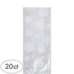 Christmas White Snowflake Medium Party Bags + White Twist Ties – 20/Pk (370198)