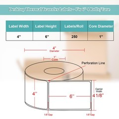 4 x 6 Inches Desktop Thermal Transfer Labels, Ribbon Required, 1 Inch Core, 2…