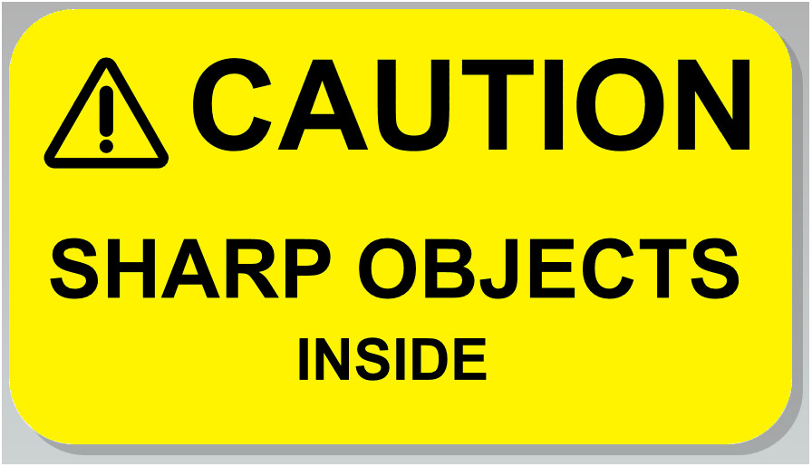 ⚠CAUTION SHARP OBJECTS INSIDE Warning Sticker Label Yellow 2.25″ L x 1.25″ H