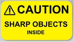 ⚠CAUTION SHARP OBJECTS INSIDE Warning Sticker Label Yellow 2.25″ L x 1.25″ H