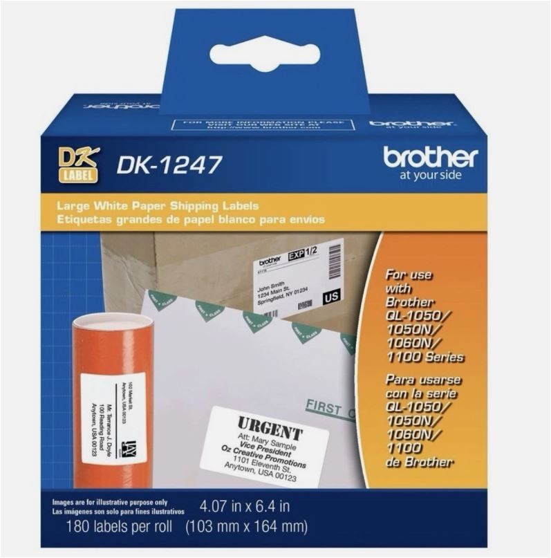 Brother DK-1247 Large Shipping Paper Labels Black on White, 180 Labels