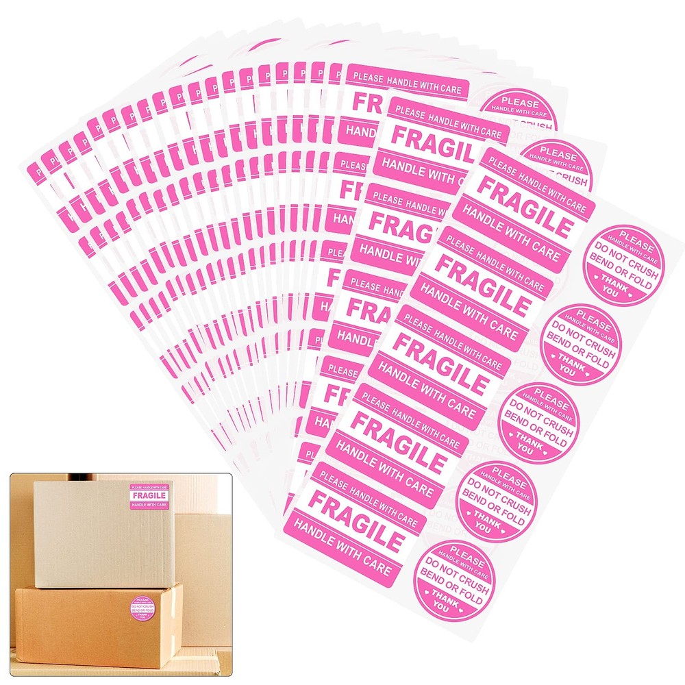 600 PCS Fragile Stickers for Shipping Do Not Trample or Fold 3 x 2 inch, Pink