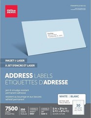 Office Depot Inkjet/Laser Labels 250 Sheets 7500 White 1″x2-5/8″ Avery 8460 5160