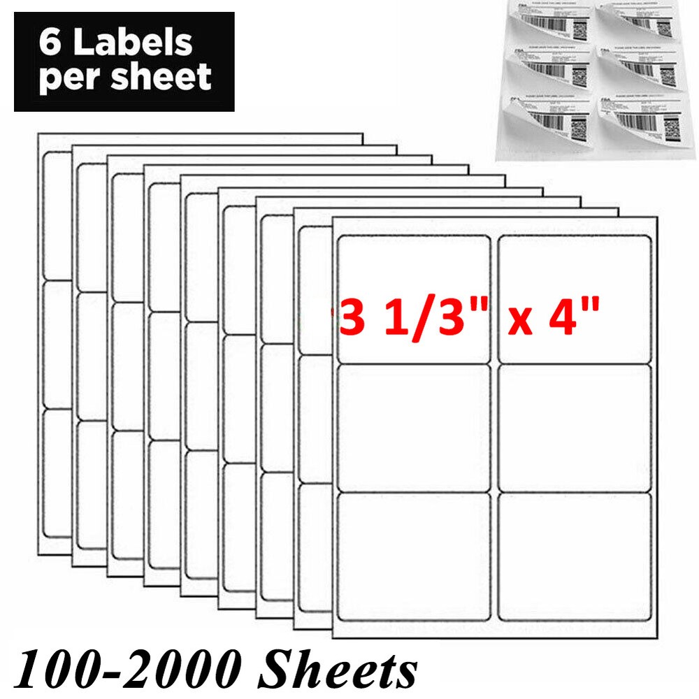 600-12000 4″x3.33″ Address Shipping Labels 6 Up Per Sheet Self Adhesive Stickers