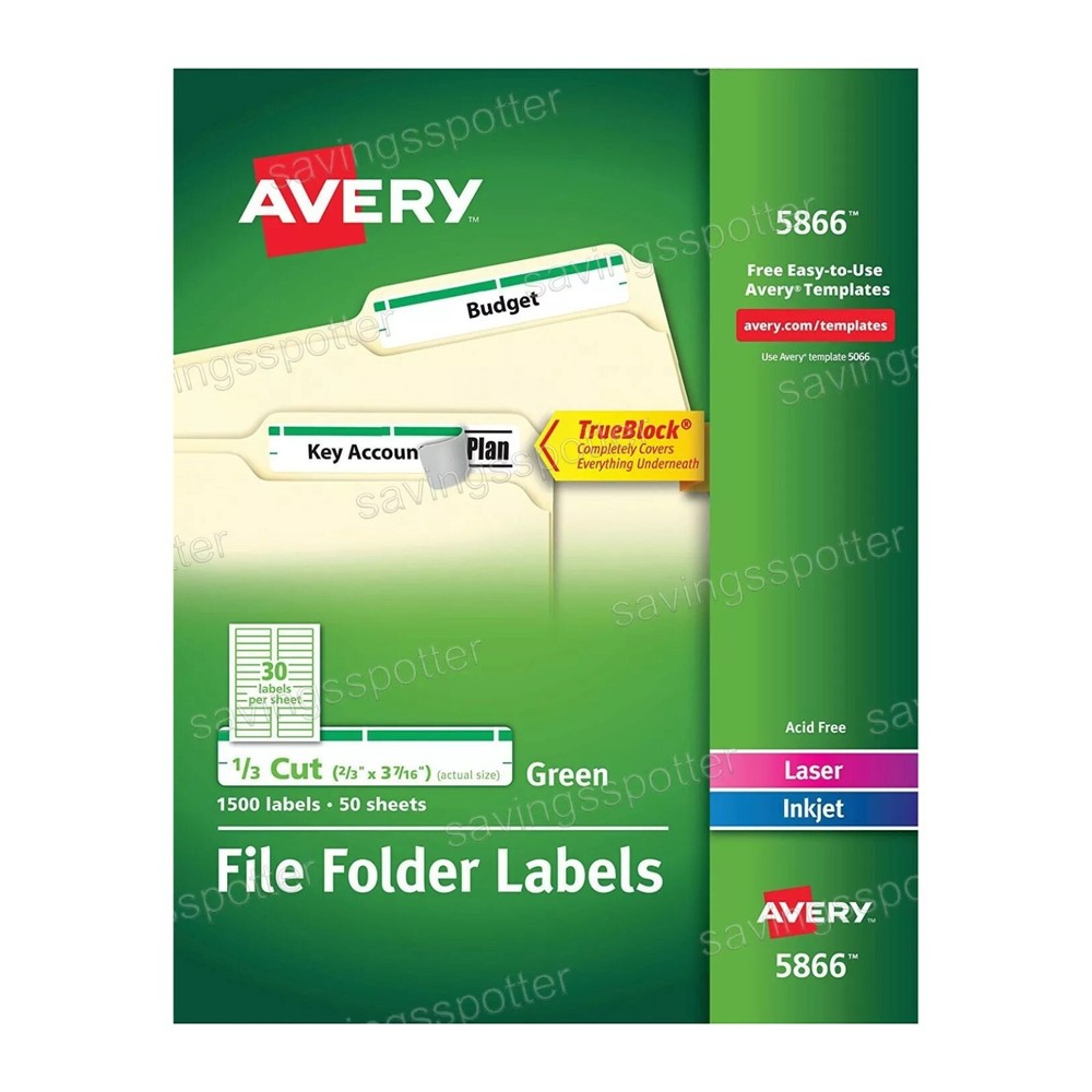 Avery Green File Folder Labels 2/3 x 3-7/16 TrueBlock Laser Inkjet 1500Pk 5866