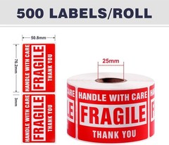 3 X 2 Inch Handle with Care 500 Fragile Stickers for Shipping Moving Glass Perma