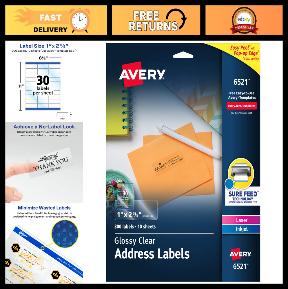 Printable Address Labels, Glossy Clear 1″ x 2-5/8″, 300 Blank Mailing Labels for