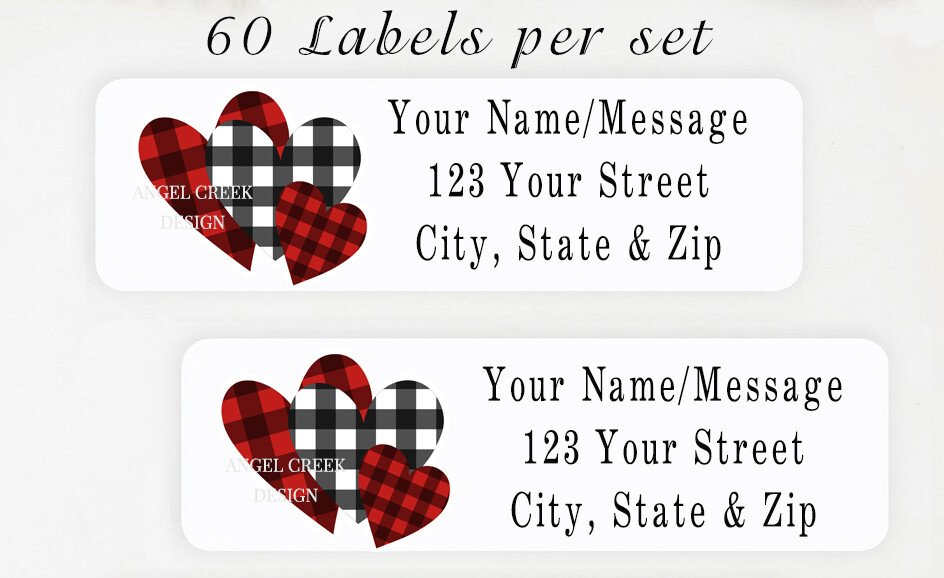 60 Personalized Return Address Labels 2/3″ x 1 3/4″- Valentine Plaid Hearts