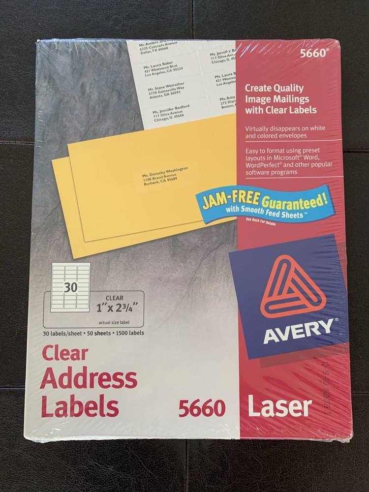 Avery 5660 Clear Address Labels 1″ x 2 3/4 – 1500 Labels. New Sealed Jam Free