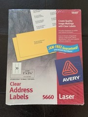 Avery 5660 Clear Address Labels 1″ x 2 3/4 – 1500 Labels. New Sealed Jam Free
