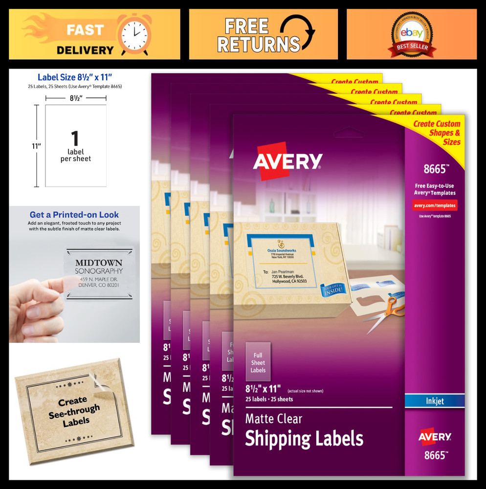 Custom Printable Shipping Labels 8.5″ x 11″, Matte Clear, Inkjet, 125 Total, Eas