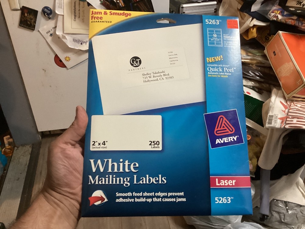 Avery 5263 Laser Labels, Mailing, Permanent, 2-Inch x4-Inch, 250/PK, White