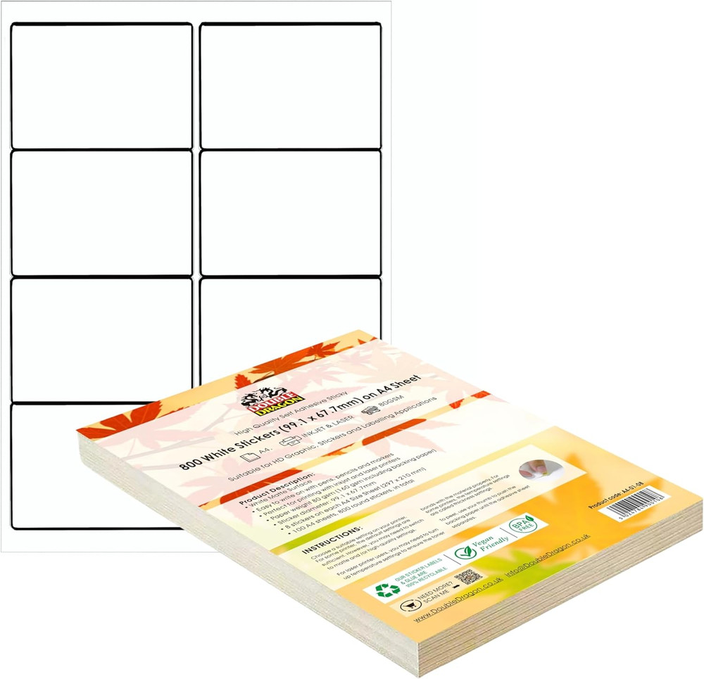 A4 Self Adhesive Address Labels, 8 per Sheet, 100 Sheets, 99.1X 67.7Mm, 800 Labe