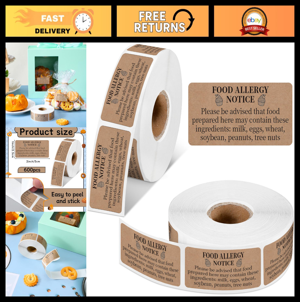 600 Count Food Allergy Warning Labels 1×2” Self-Adhesive Stickers for Kitchen S