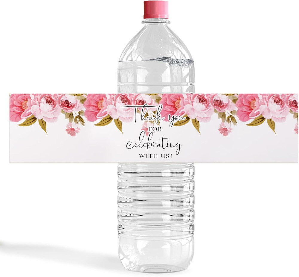 Wedding Water Bottle Labels Thank You, 50 Pcs Pink Rose Flower Wraps Floral