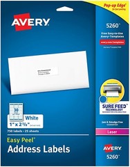 AVERY 5260/8160 Easy Peel Address Labels-White-1 x 2-5/8 Inch, 750 Cnt,Pack of 1
