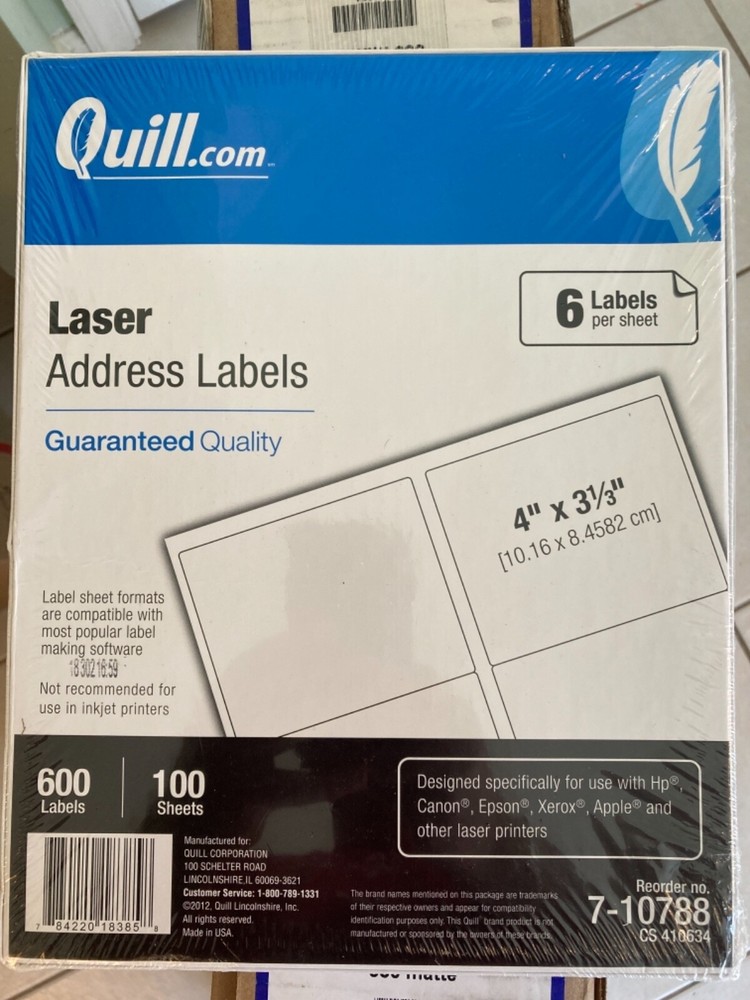 NOS Quill 4″ x 3.33″ Address Laser Labels 600 Per Box 100 Sheets of 6
