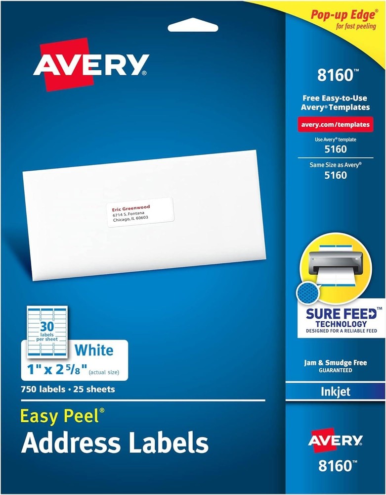 Averyâ® Easy Peelâ® White Inkjet Address Labels, 1″ X 2 5/8″, Pack of 750 8160