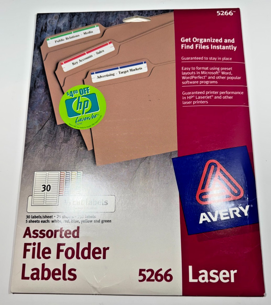 Avery Laser 5266 Assorted File Folder 1/3 Cut White 30/Sheet, 22 Sheet, 660 Lbls