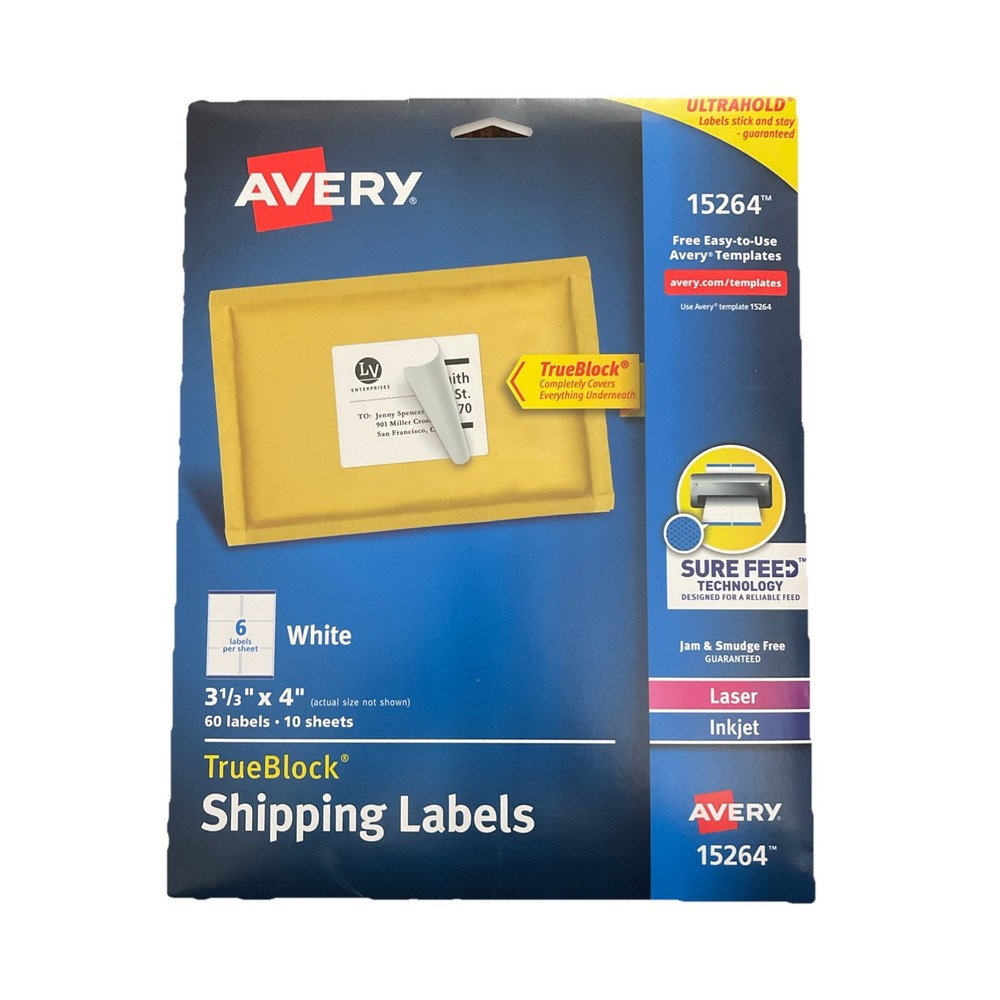 Avery Shipping Address Labels, Laser & Inkjet Printers, 60 Labels, 3-1/3×4” New