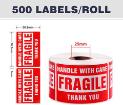 3×2 Inch Handle with Care Fragile Shipping Stickers – 500 Labels per Roll