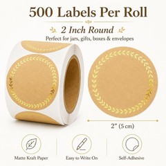 500 Kraft Canning Labels, 2 Inch round Sticker Labels, Gold Foil Labels for Jars