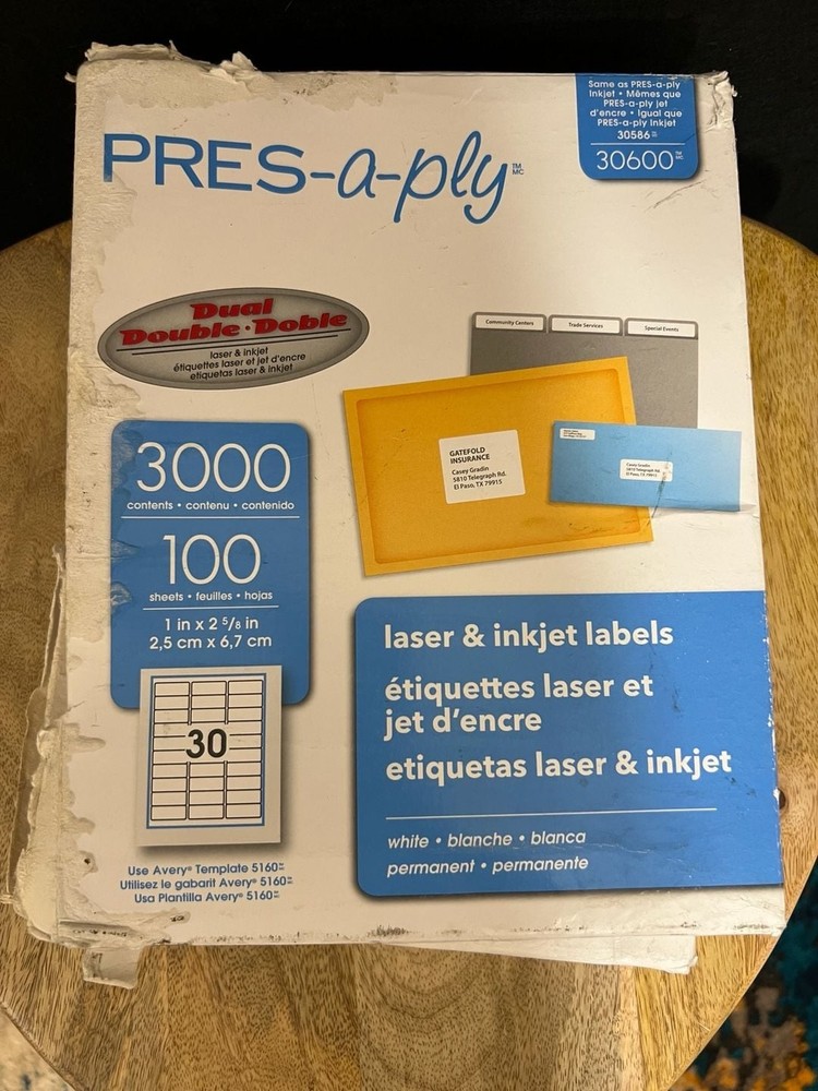 PRES-a-ply Laser & Inkjet Address Labels, 1″ x 2-5/8″, 3000 Count (Model 30600)