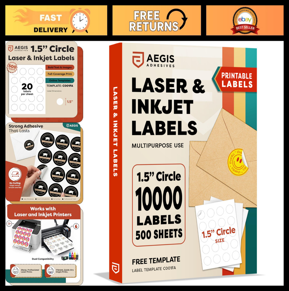 1.5″ Round Printable Labels – 10,000 Blank Stickers for Business, QR Codes, Than
