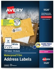 Avery 5520 Weather Proof Address Labels, Laser, 1×2 5/8″, White (50 sheets)