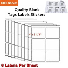 4″ x 3-1/3″ Laser/Ink Address Shipping Adhesive Labels 6 per Sheet Blank 6 UP