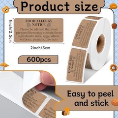 600 Count Food Allergy Warning Labels 1×2” Self-Adhesive Stickers for Kitchen S