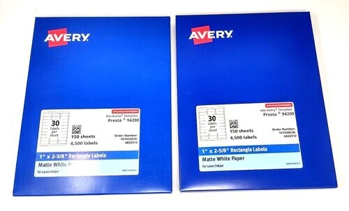 Avery White Labels Presta 94200 1×2 5/8 Matte Paper 150 sheets 4500 labels 2 pk