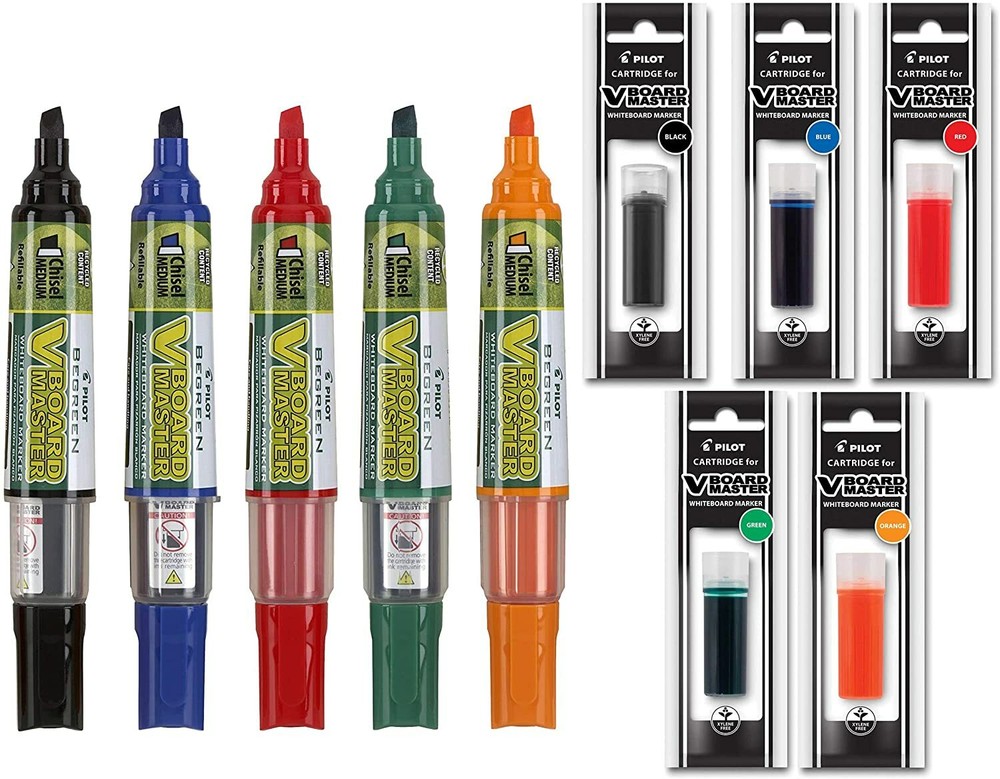 Pilot BeGreen V Board Dry Erase Markers, Chisel Tip, 2 Markers with 6 Refills