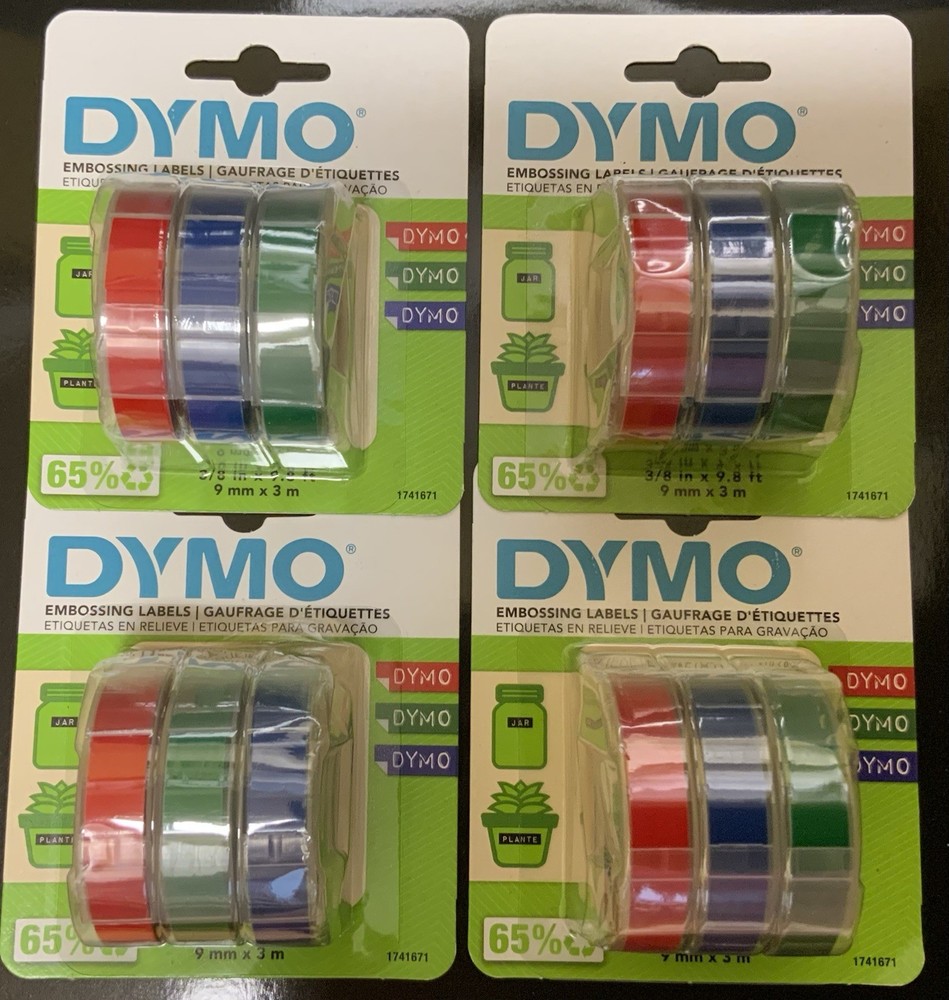🏷️ Lot of 4 DYMO EMBOSSING LABELS / 3 per pack RED, BLUE, GREEN 3/8in x 9.8ft