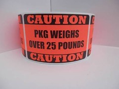CAUTION PKG WEIGHS OVER 25 POUNDS 2×3 sticker label red fluorescent bkgd 250/rl