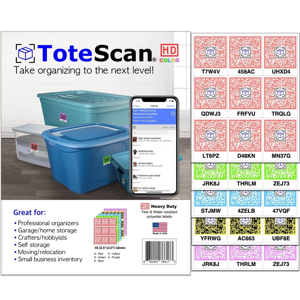 ToteScan QR Labels Heavy Duty Multi-color 2.5″x3″ 45 Pcs