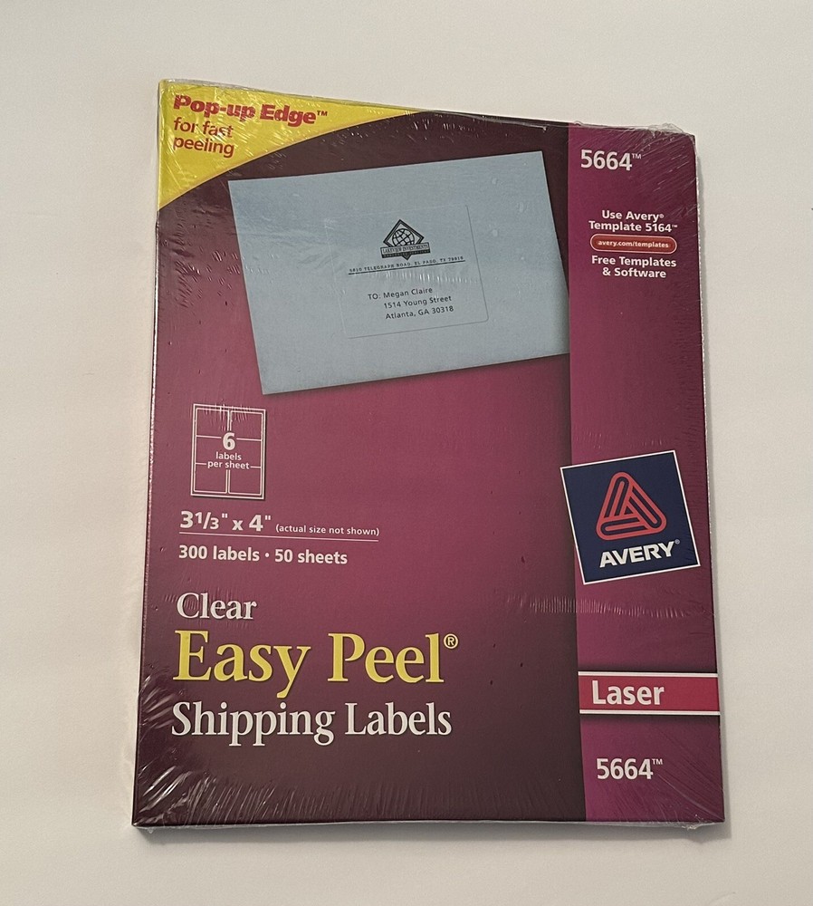 NEW Avery 300 Clear Shipping Labels, Laser #5664, 3 1/3″ x4″ Temp #5164 SEALED