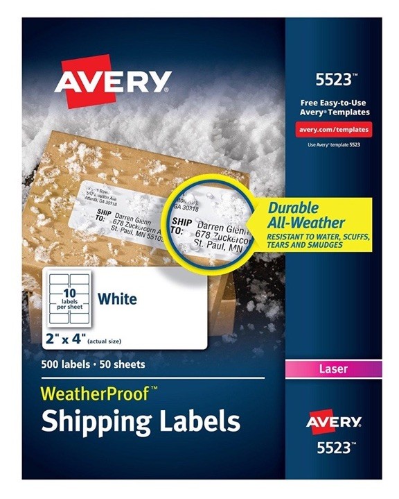Avery 5523 White Shipping Labels 2×4 in 500 ct (50 Sheets) Laser Inkjet 18163