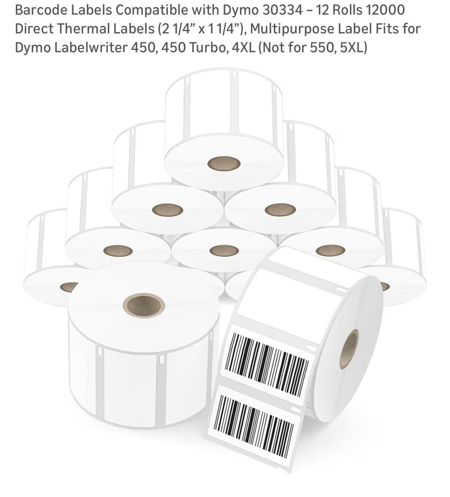 Barcode Labels Compatible with Dymo 30334 – 12 Rolls 12000 Direct Thermal