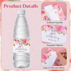 Wedding Water Bottle Labels Thank You, 50 Pcs Pink Rose Flower Wraps Floral